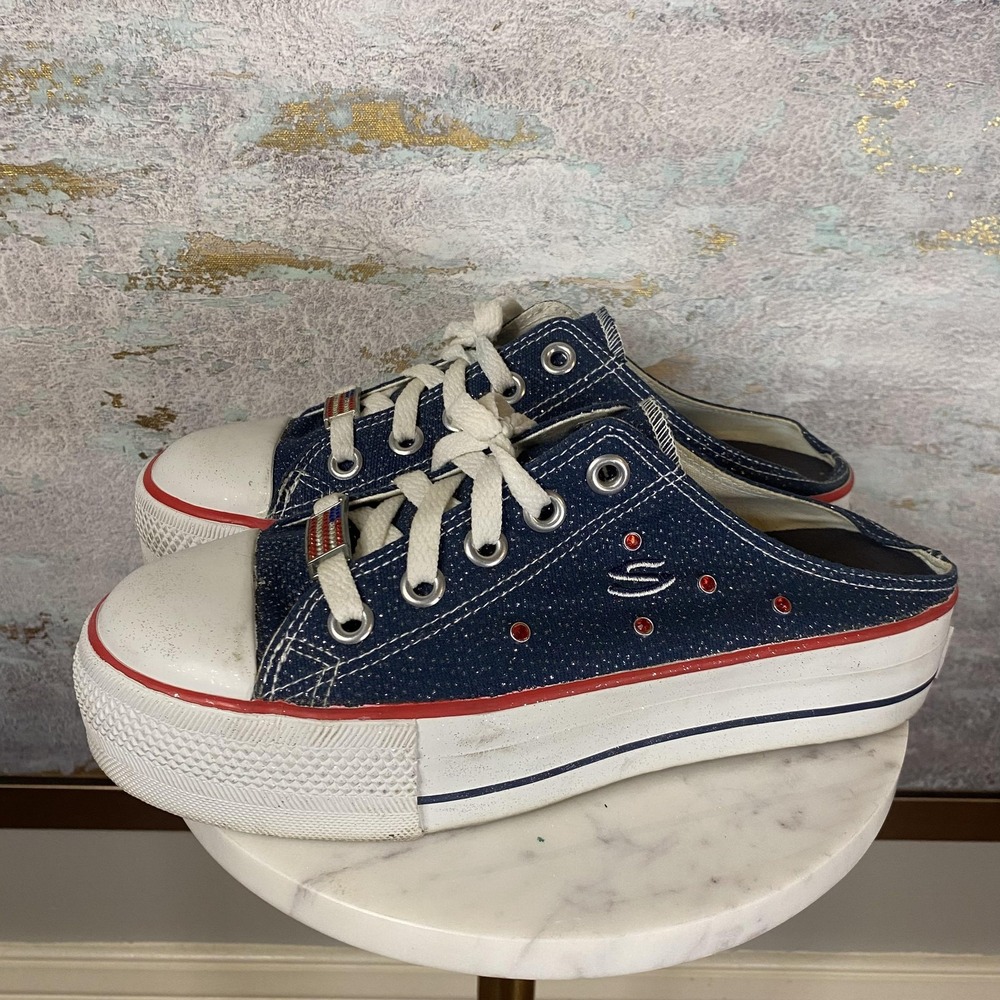 Skechers Shoes Womens Size 8 Blue Denim Platform Slip On Mule Sneakers SN 3963